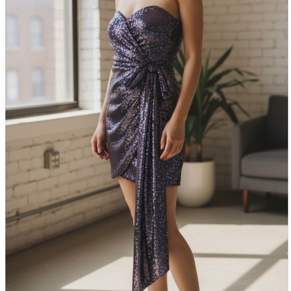 Holiday cocktail after five sequin purple dress